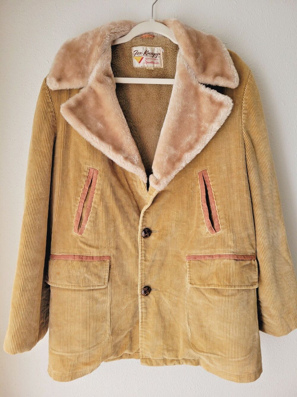 Fox Knapp Vintage 70s Corduroy Coat Mens 42 Tan Faux Fur Lined Western Jacket